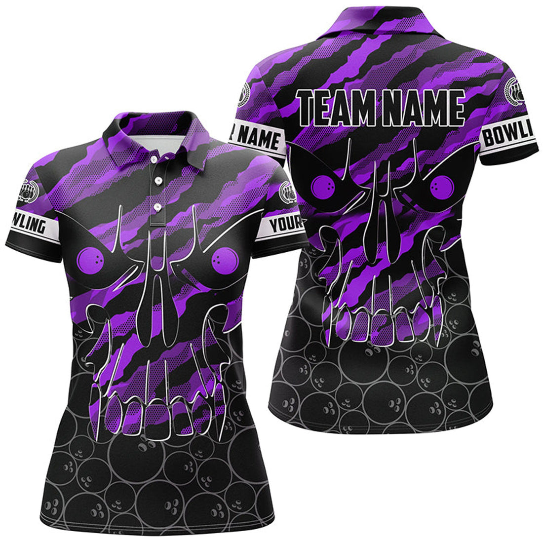 Custom Name Purple Camo Skull Bowling Shirt For Team Women's Polo Shirts S-5XL