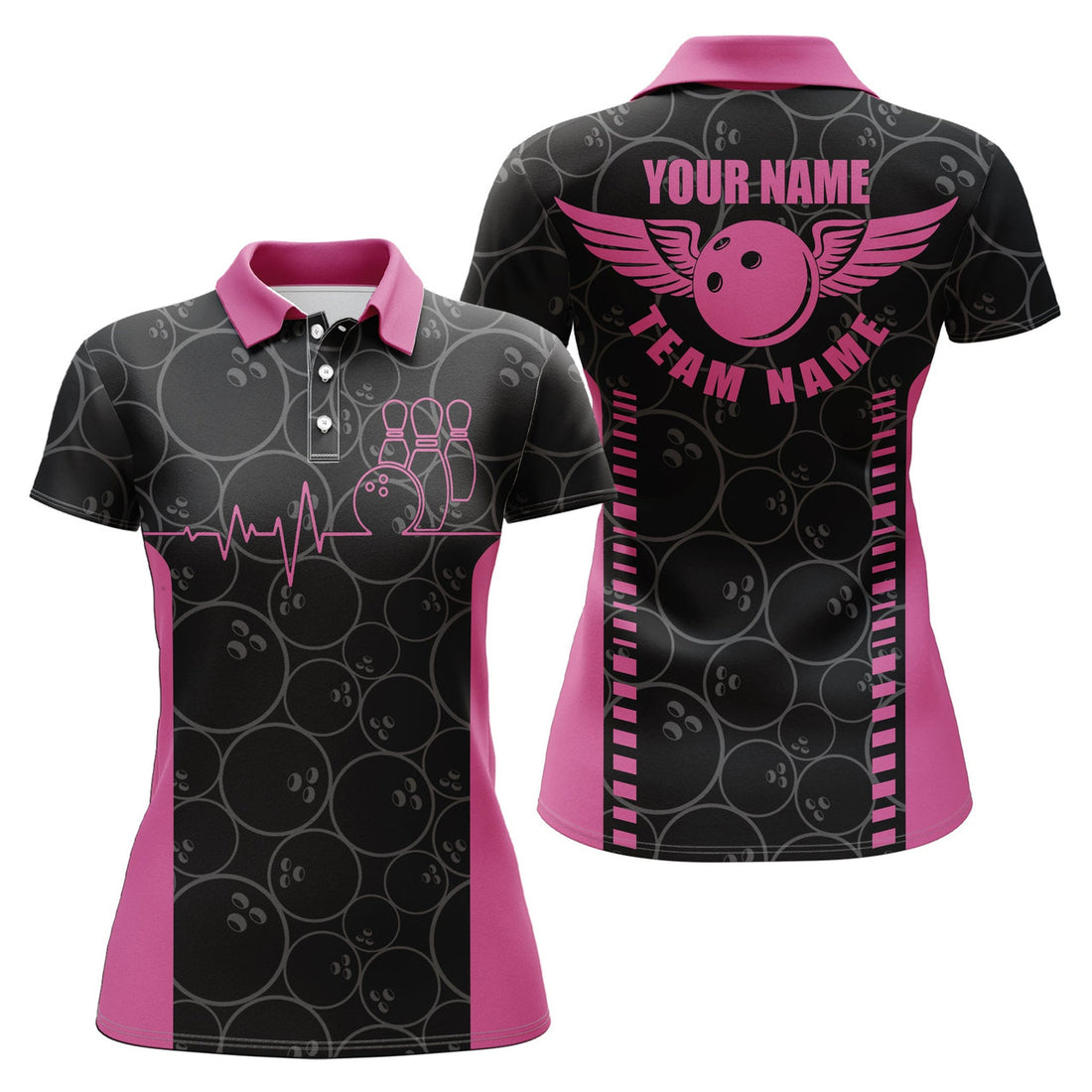 Custom Funny Bowling Team Heartbeat Pink Shirt For Women's Polo Shirts S-5XL