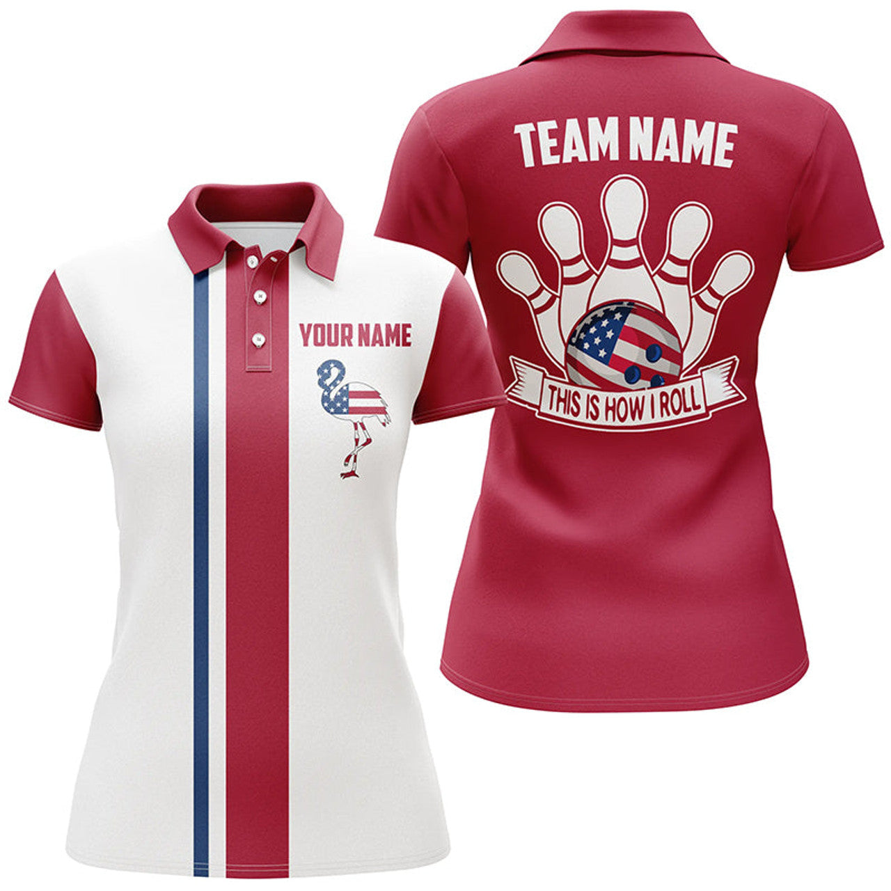 Custom Retro Flamingo American Flag Bowling Women's Polo Shirts S-5XL