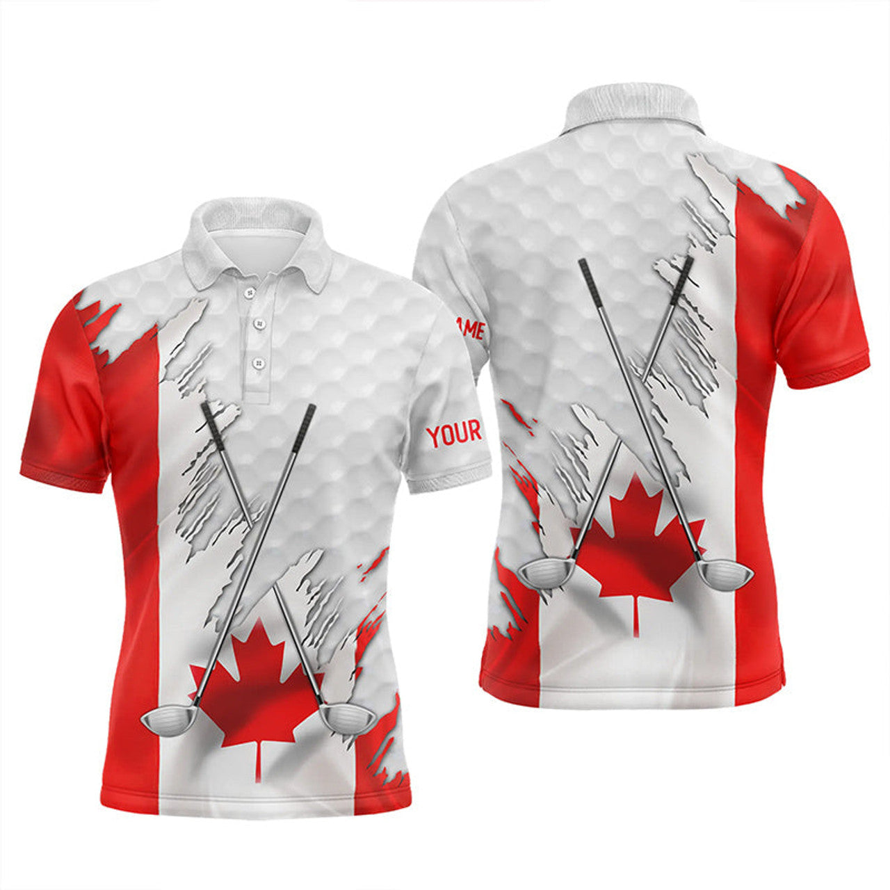 Canadian Flag Golf Clubs Patriotic Custom Name White Mens Polo Shirt S-5XL