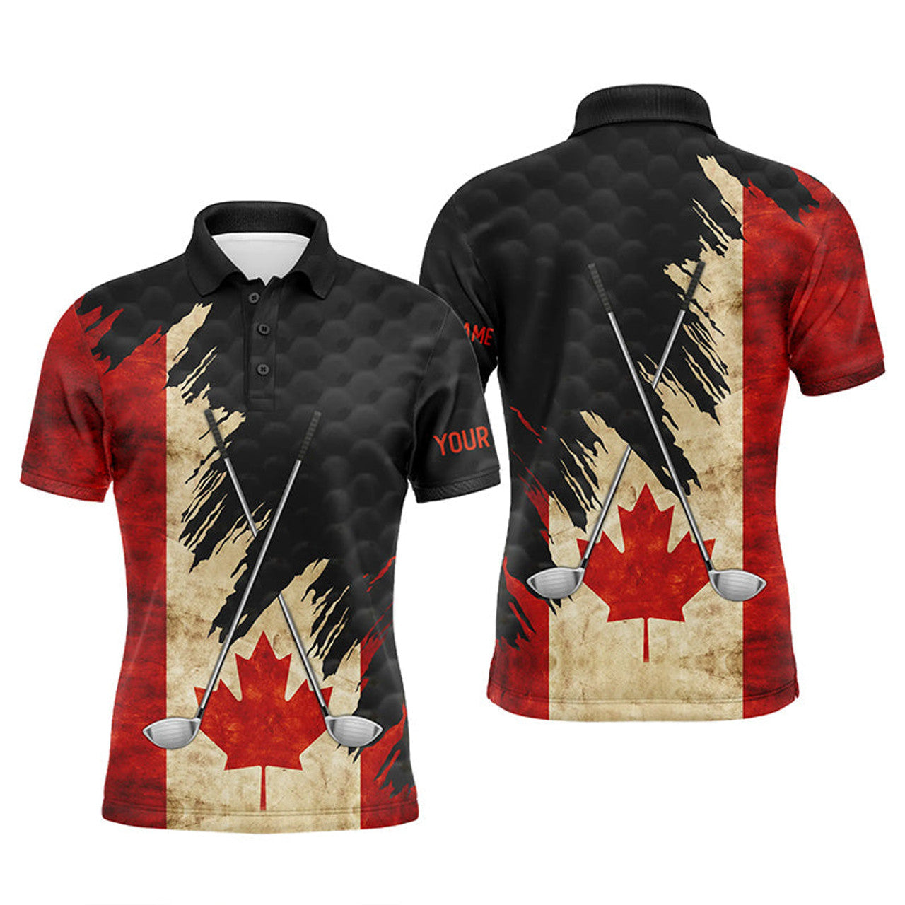 Vintage Canadian Flag Golf Clubs Patriotic Black Mens Polo Shirt S-5XL