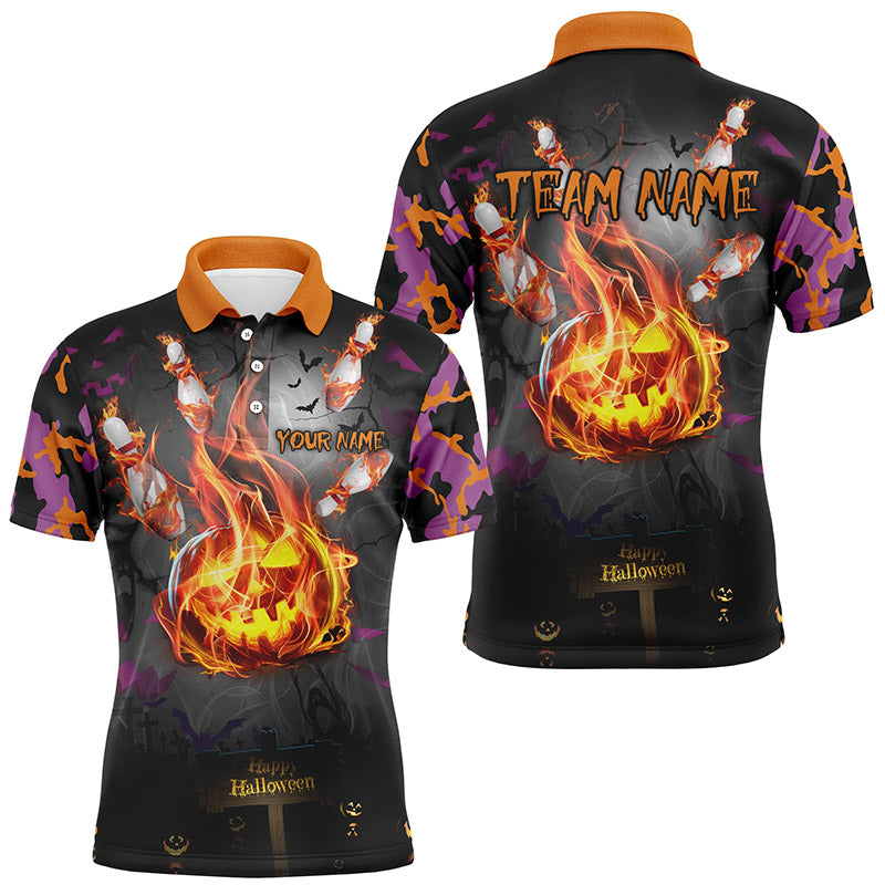 Funny Flame Pumpkin Bowling Quarter Zip Halloween Camo Men's Polo Shirt S-5XL