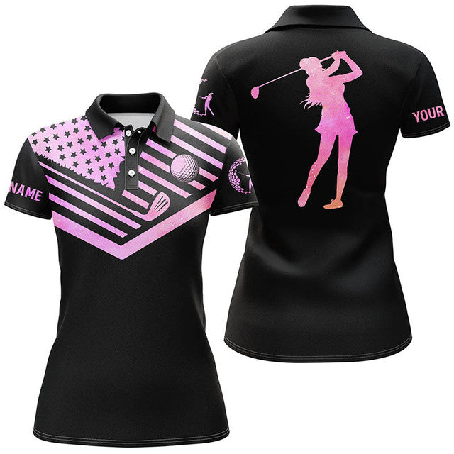Custom Pink Watercolor American Flag Black Golf Shirt Women's Polo Shirts S-5XL