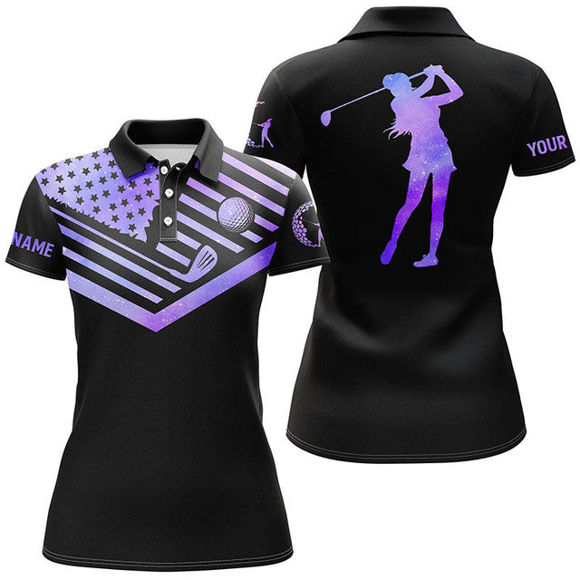 Custom Name Purple Watercolor American Flag Golf Shirt Women's Polo Shirts S-5XL