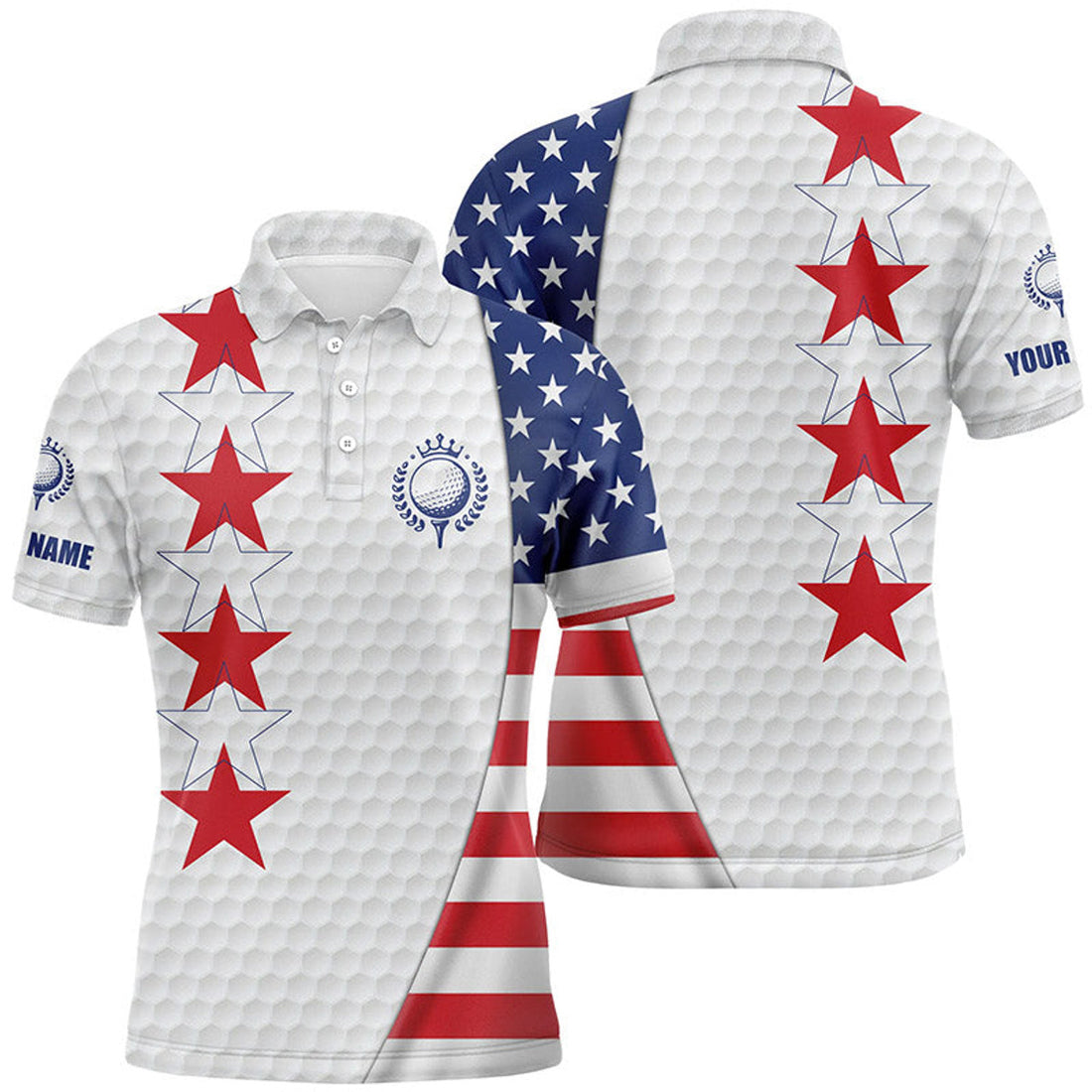 Custom Name American Flag Patriotic White Golf Ball Skin Men's Polo Shirt S-5XL