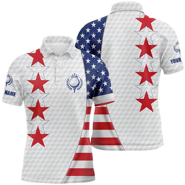 Custom Name American Flag Patriotic White Golf Ball Skin Men's Polo Shirt S-5XL