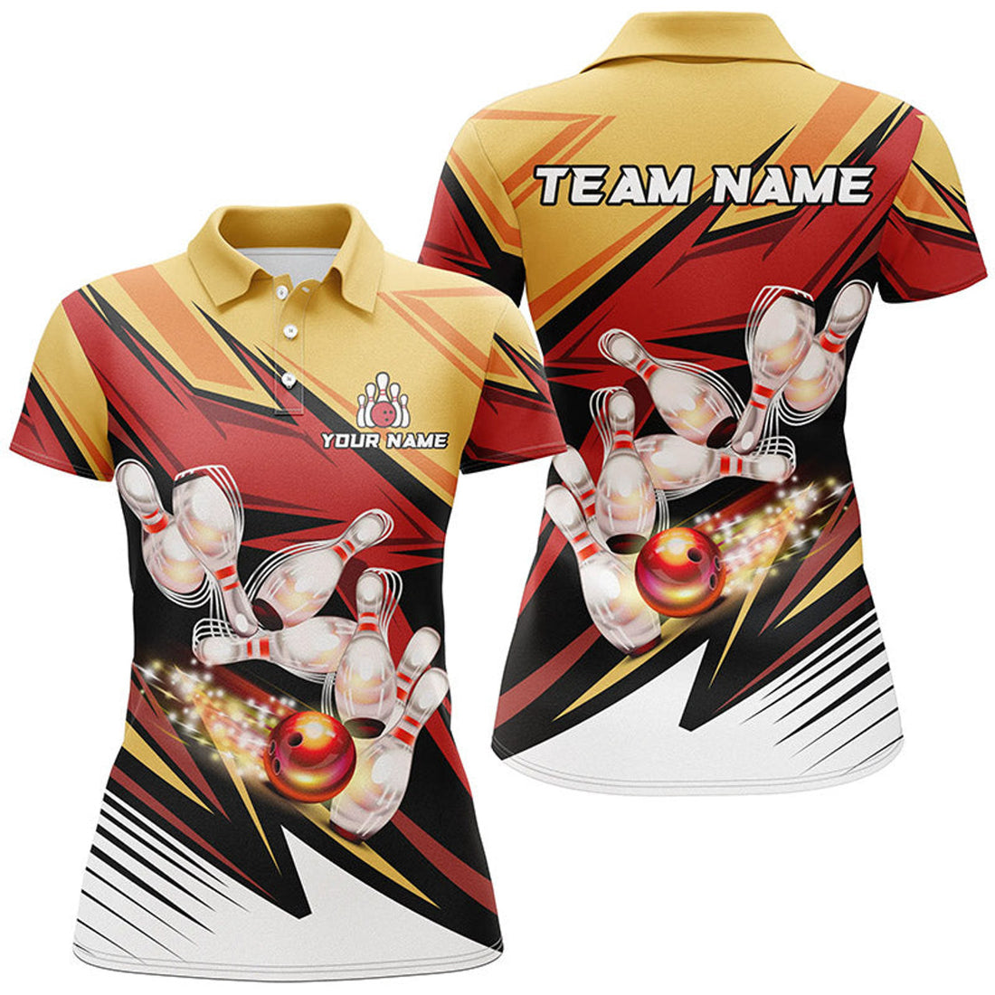 Custom Yellow Red Camo Bowling Shirt for Team or Gift Women's Polo Shirts S-5XL