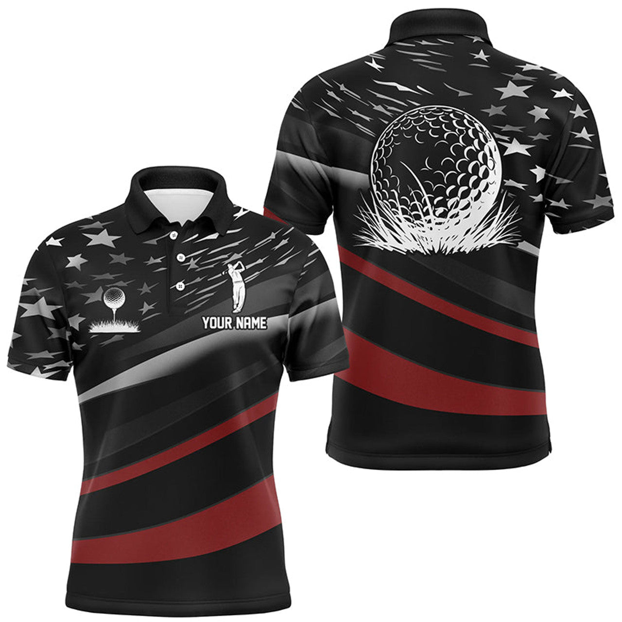 Black American Flag Custom Patriotic Golf Mens Polo Shirt S-5XL