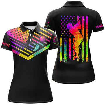 Custom American Flag Golf with Name Black Golfer Gifts Women's Polo Shirts S-5XL