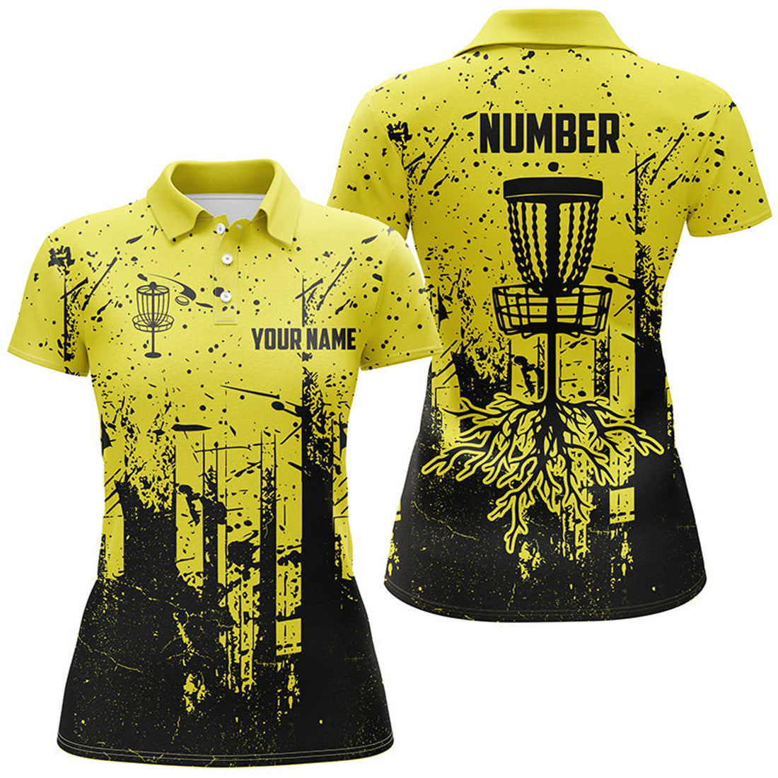 Custom Name Black and Yellow Grunge Disc Golf Women's Polo Shirts S-5XL