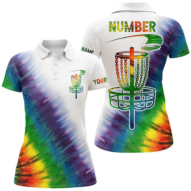 Custom Disc Golf Apparel Rainbow Tie Dye Basket Design Women's Polo Shirts S-5XL