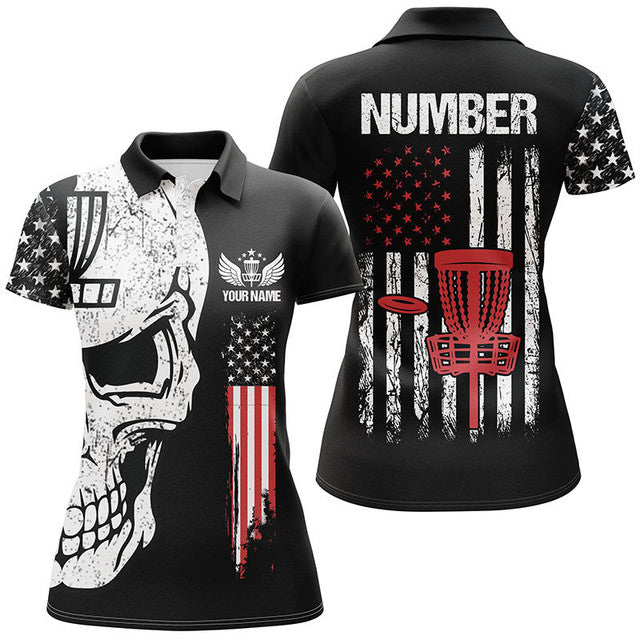 Custom Patriotic Disc Golf Skull Apparel American Flag Women's Polo Shirts S-5XL