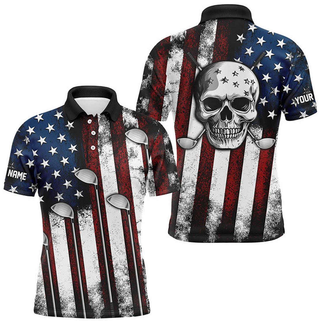 Custom American Flag Golf Shirt Skull Patriotic Golf Attire Men's Polo Shirt S-5XL