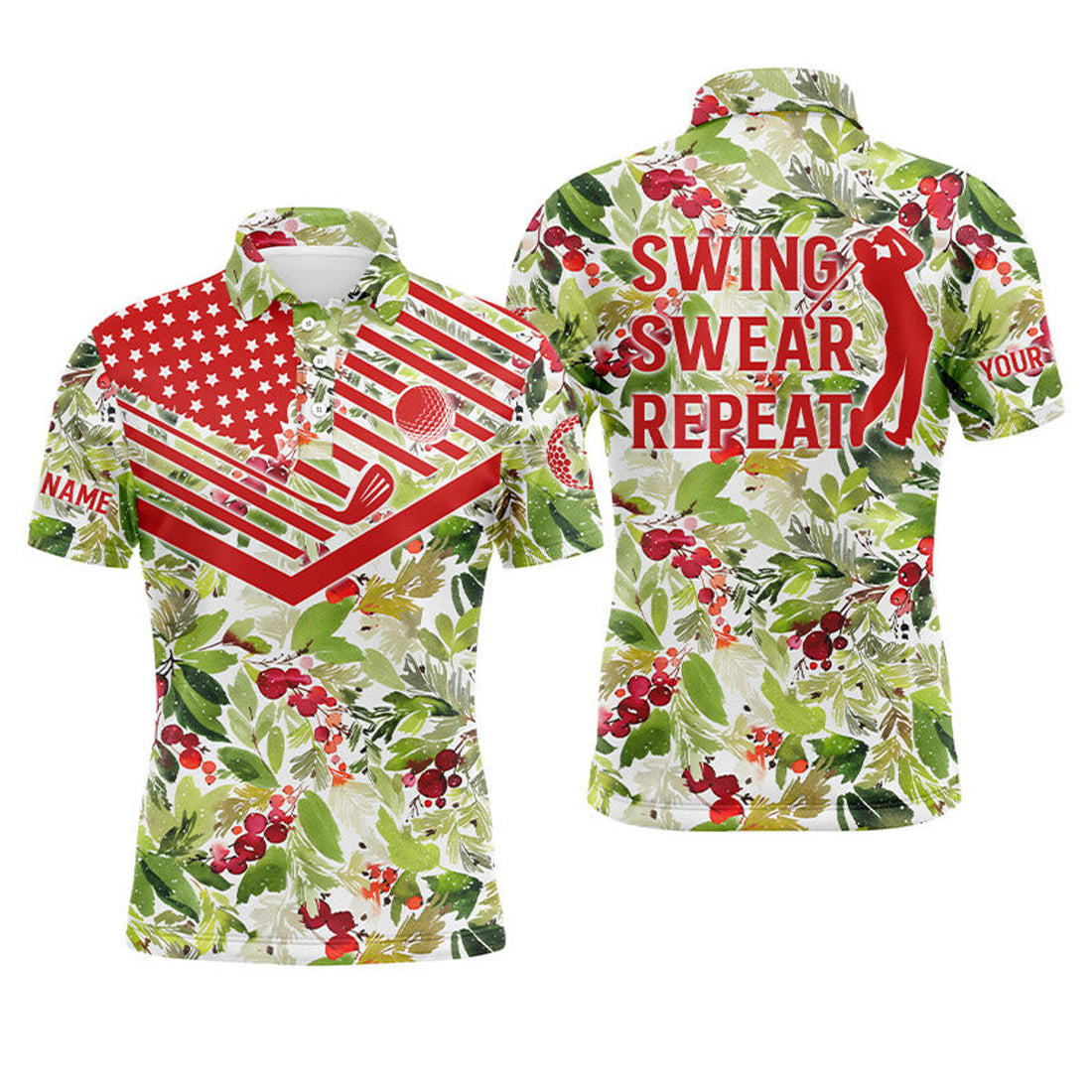 Custom Golf Shirt Christmas Pattern American Flag Gift Men's Polo Shirt S-5XL
