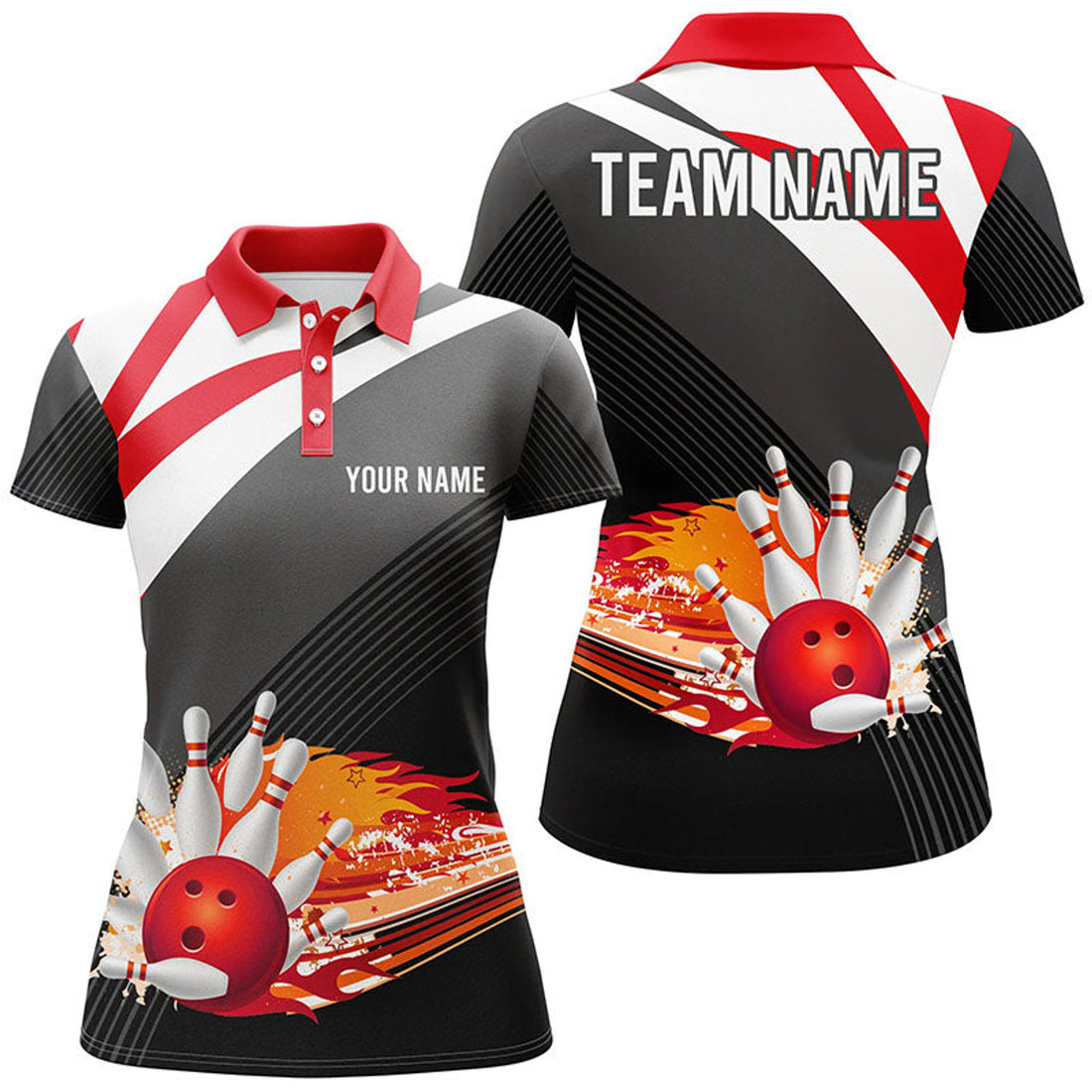 Custom Bowling Shirt Flame Bowling Ball Fire Team Ladies Women's Polo Shirts S-5XL