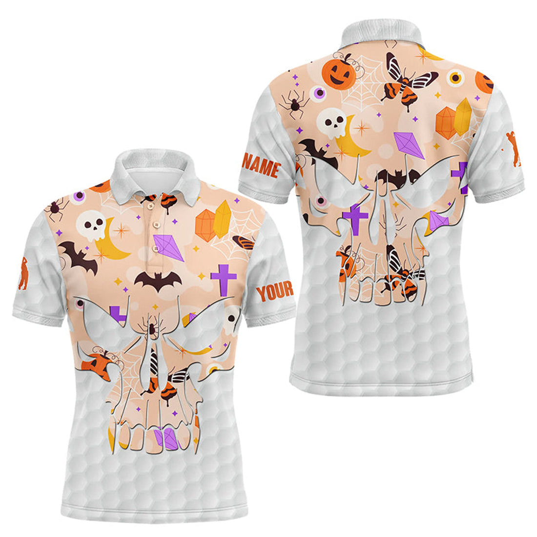 Custom Name Orange Halloween Skull Golf Ball Shirt Men's Polo Shirt S-5XL
