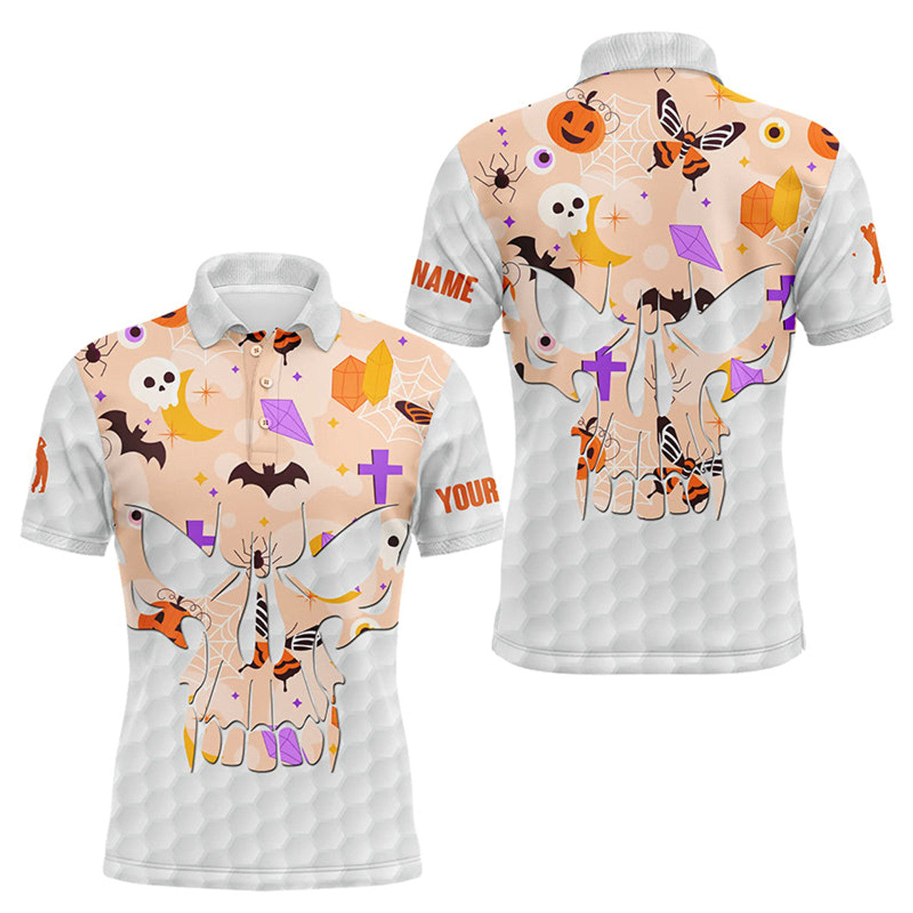 Custom Name Orange Halloween Skull Golf Ball Shirt Men's Polo Shirt S-5XL