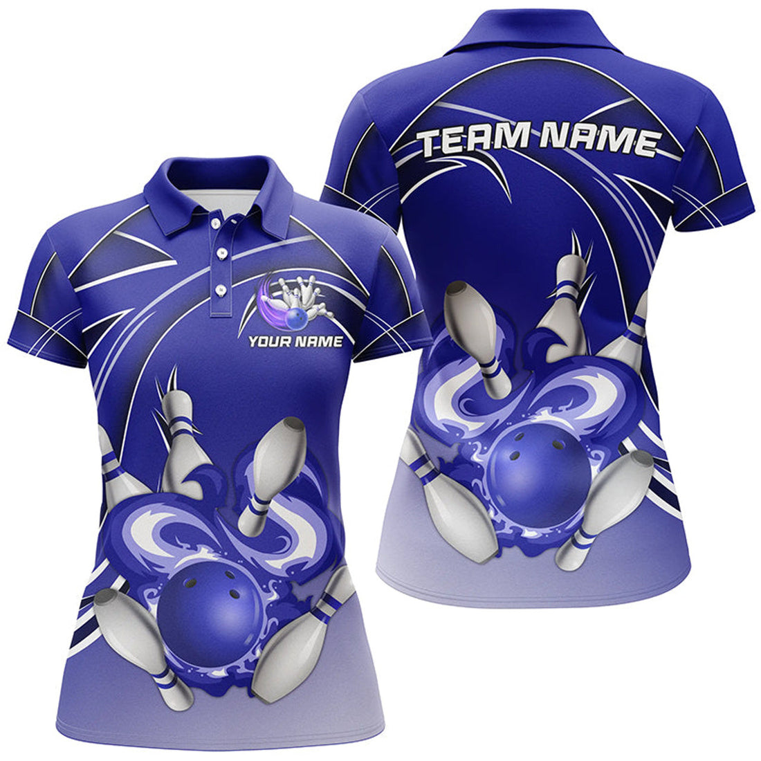 Custom Bowling with Bowling Ball and Pins Design Blue Women's Polo Shirts S-5XL