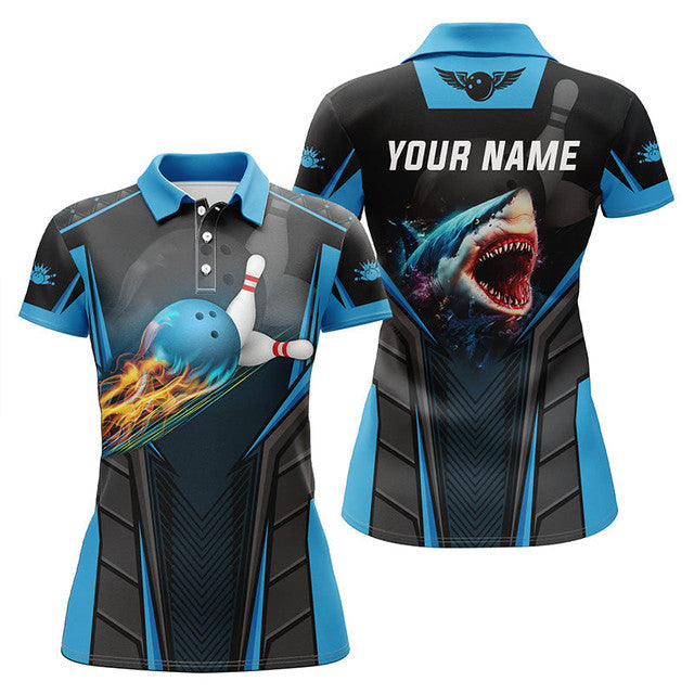Custom 3D Shark Team Bowling Polo Shirts Blue Design for Women's Polo Shirts S-5XL