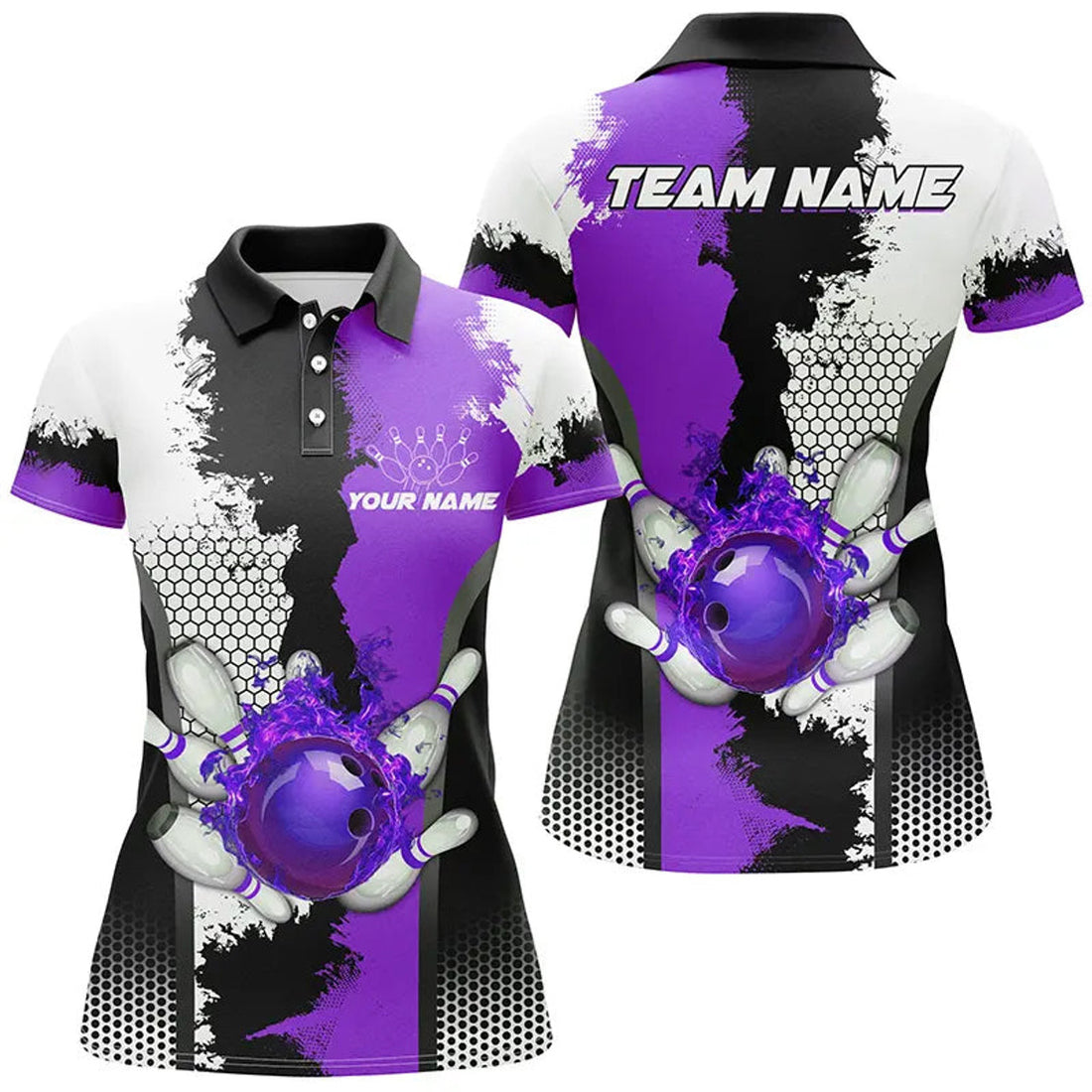 Custom Bowling with Fire and Purple League Design Women's Polo Shirts S-5XL