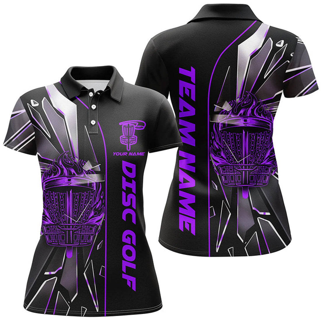 Black Purple Fire Disc Golf Basket Broken Glass Women's Polo Shirts S-5XL