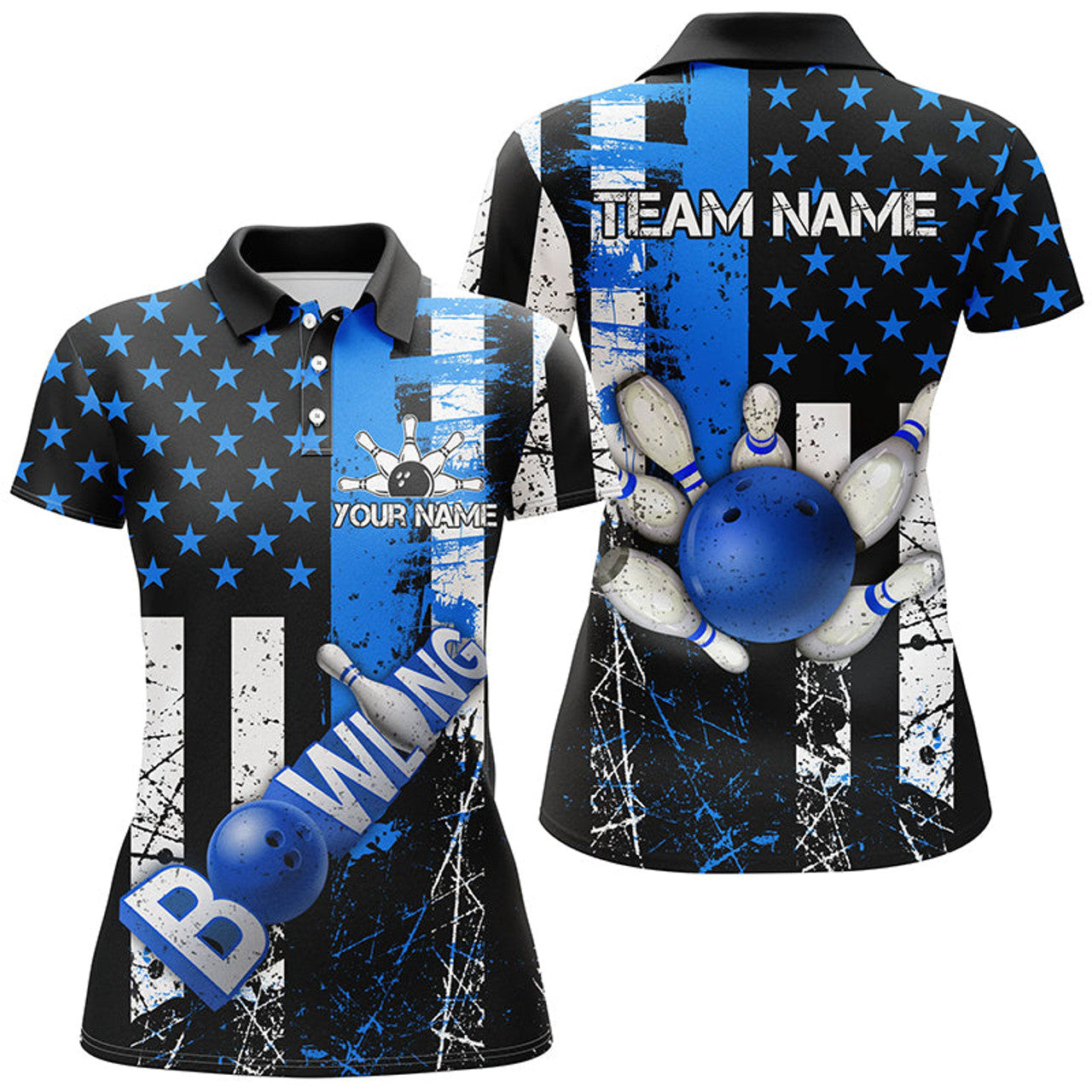 Retro Bowling American Flag Gift Blue Women's Polo Shirts S-5XL