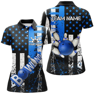 Retro Bowling American Flag Gift Blue Women's Polo Shirts S-5XL