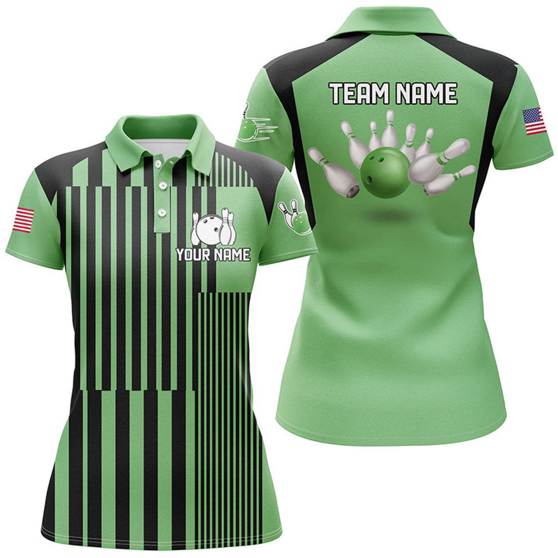 Custom Green Black Stripe Bowling Team Gifts Women's Polo Shirts S-5XL