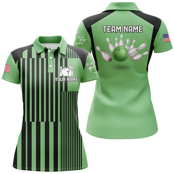 Custom Green Black Stripe Bowling Team Gifts Women's Polo Shirts S-5XL