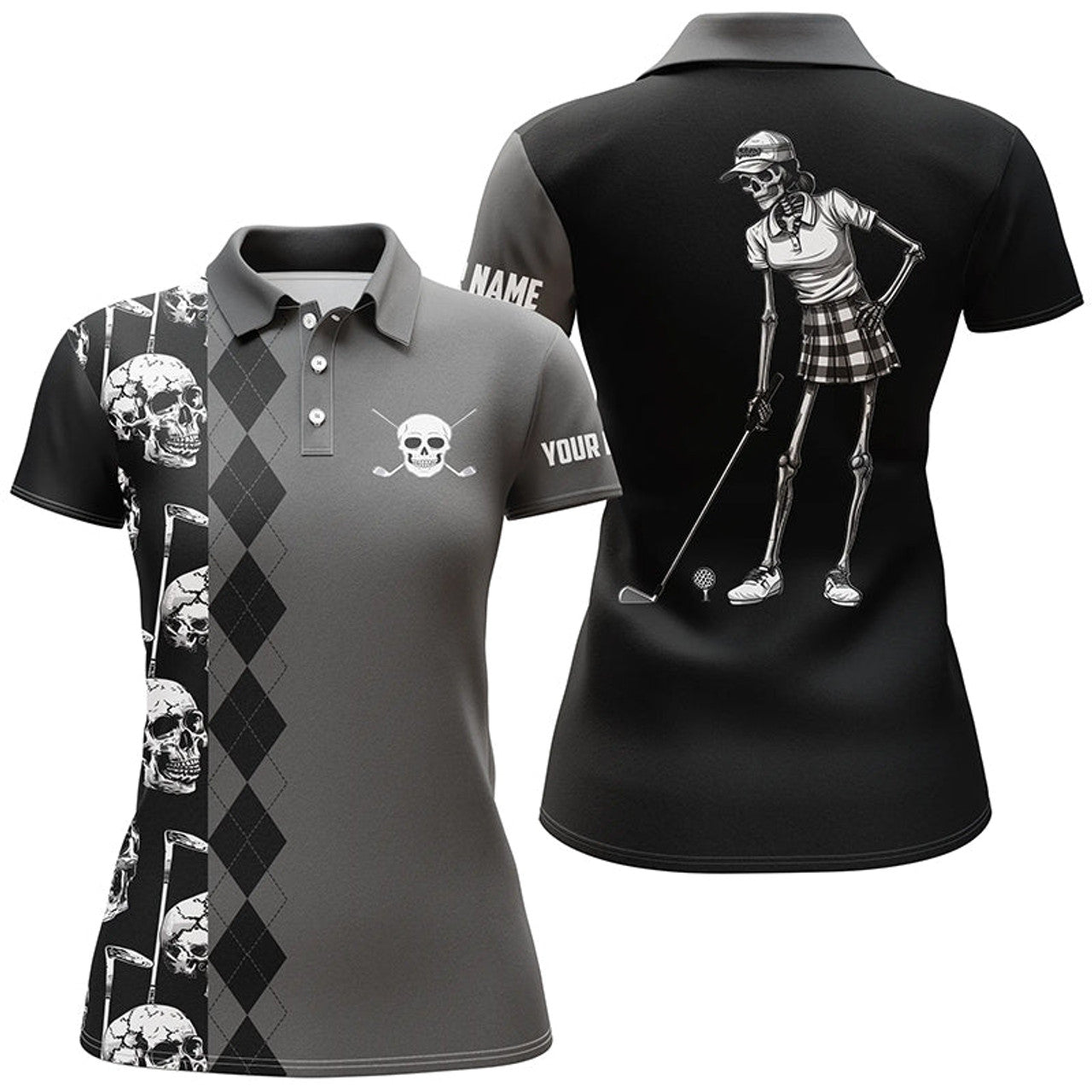 Custom Black Skull Argyle Golf Tops for Cool Style Women's Polo Shirts S-5XL
