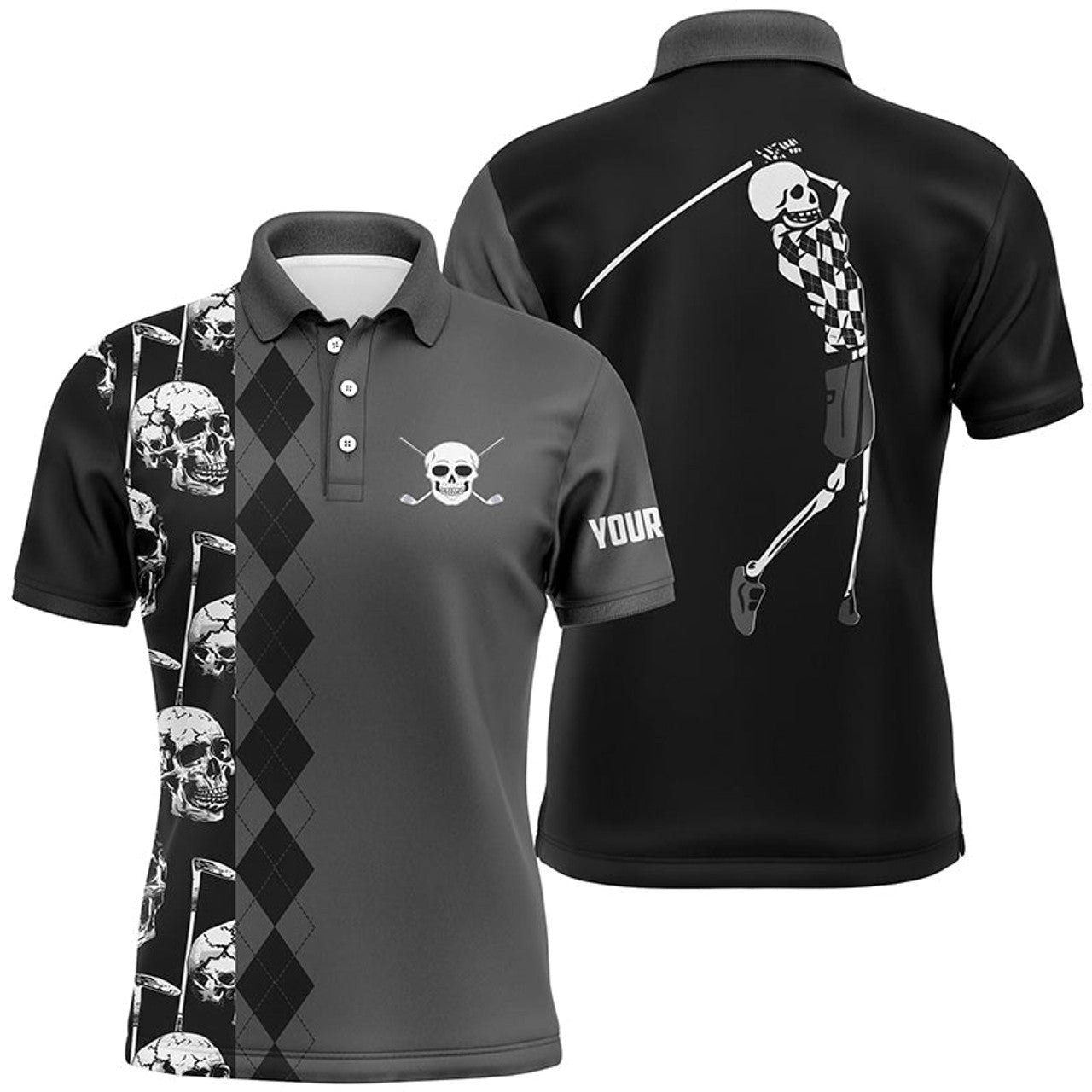 Black Skull Argyle Pattern Custom Golf Wear Mens Polo Shirt S-5XL