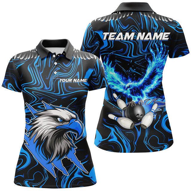 Custom Black Blue Flame Eagle Bowling Shirts Women's Polo Shirts S-5XL