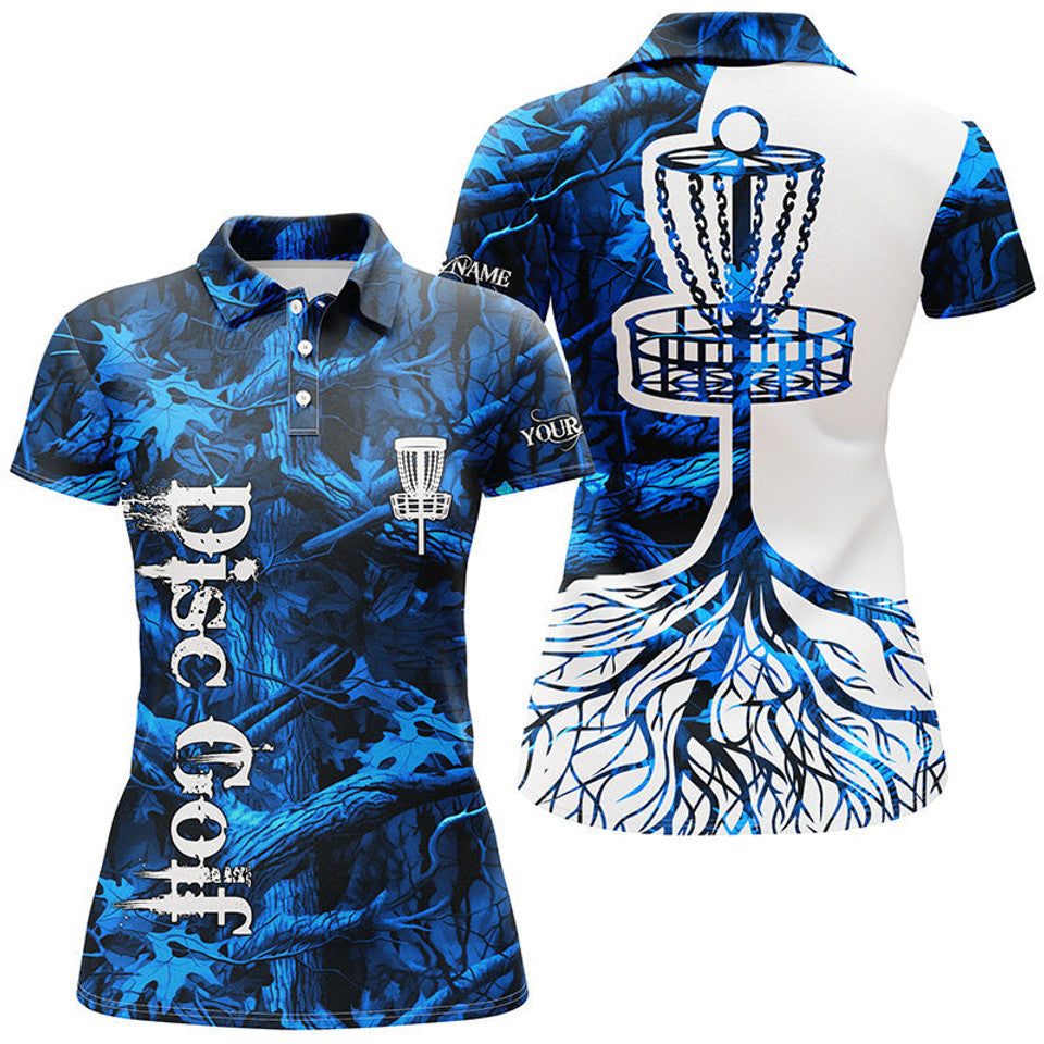 Custom Name Blue Camo Disc Golf Shirt with Basket Design Women's Polo Shirts S-5XL