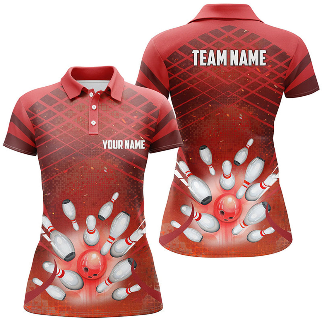 Custom Bowling Red Light Bowling Ball Pins Team Gift Women's Polo Shirts S-5XL