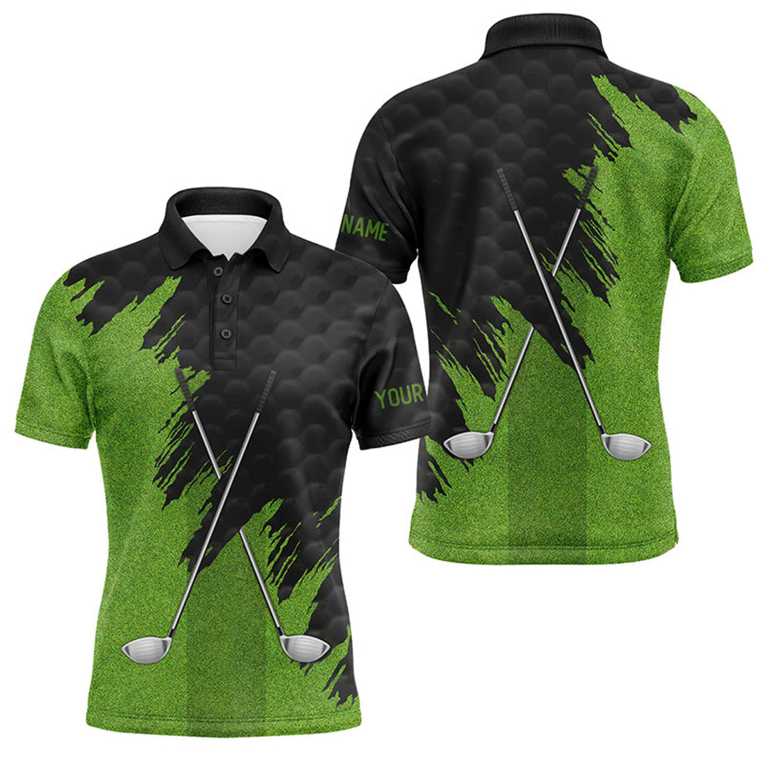 Custom Black Green Golf Clubs Name Team Men's Polo Shirt S-5XL