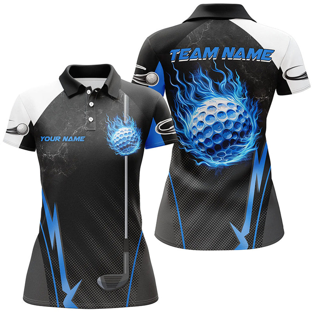 Custom Golf Tops Black White Blue Flame Ball Design Gifts Women's Polo Shirts S-5XL