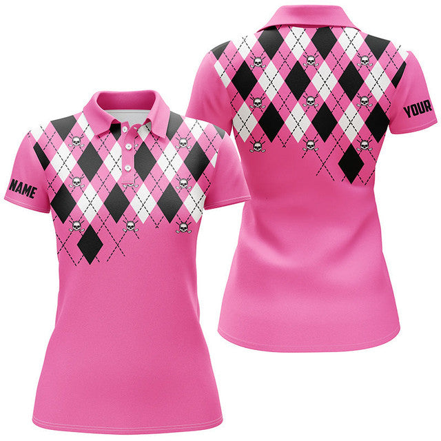 Custom Pink Argyle Plaid Golf Skull Ladies Plus Size Tops Women's Polo Shirts S-5XL