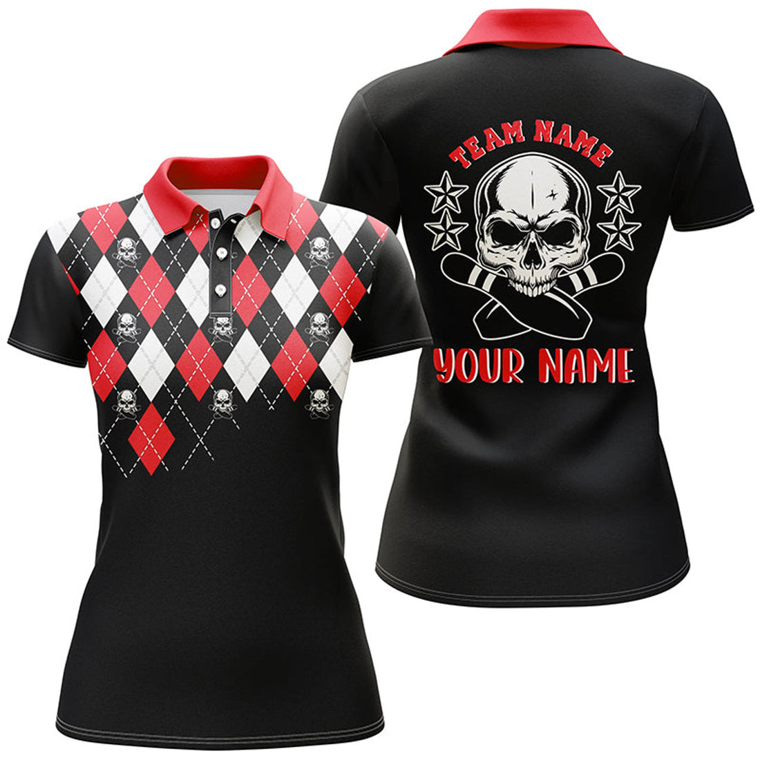 Custom Argyle Skull Pattern Bowling Shirt Unique Design Women's Polo Shirts S-5XL