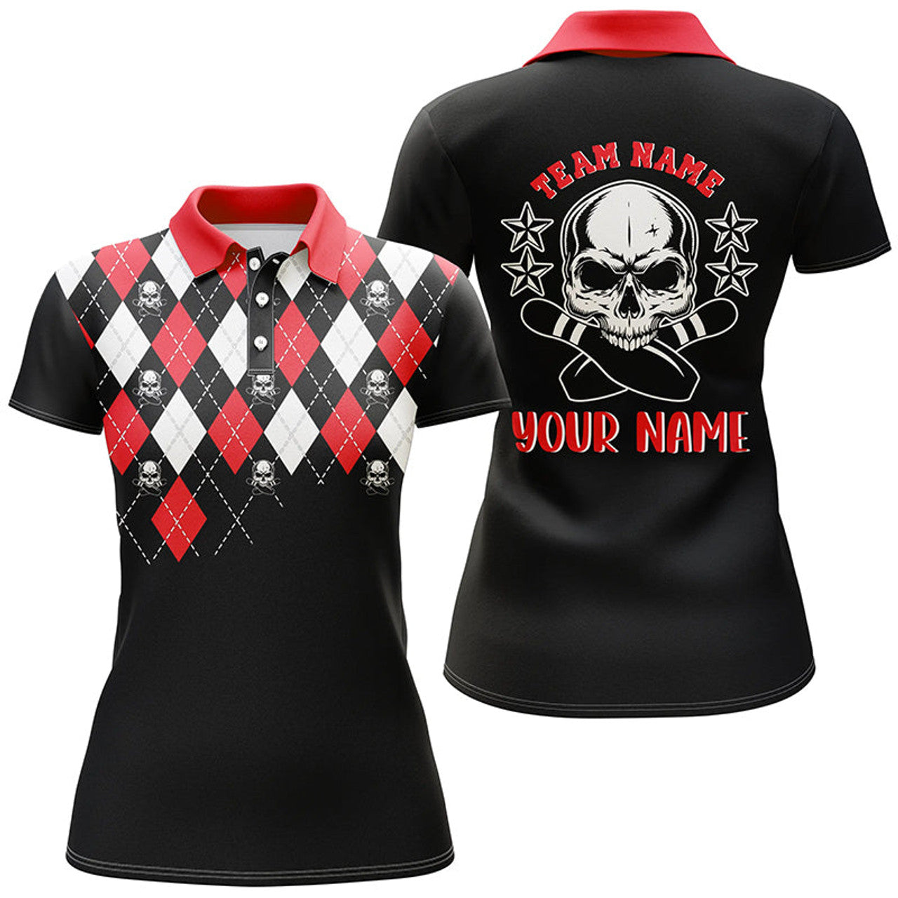 Custom Argyle Skull Pattern Bowling Shirt Unique Design Women's Polo Shirts S-5XL