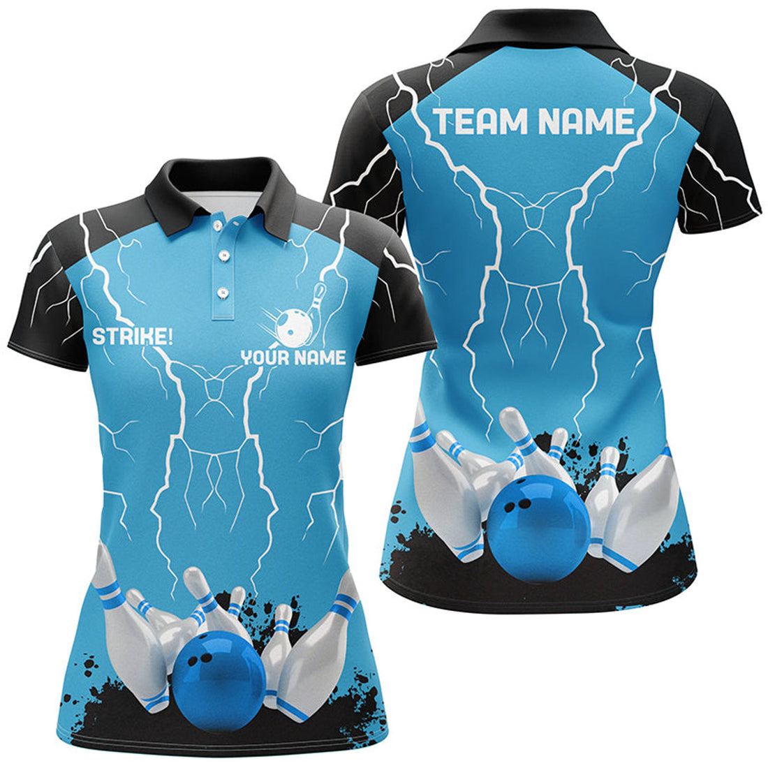 Custom Name Bowling Strike Storm Shirt Thunder Team Blue Women's Polo Shirts S-5XL