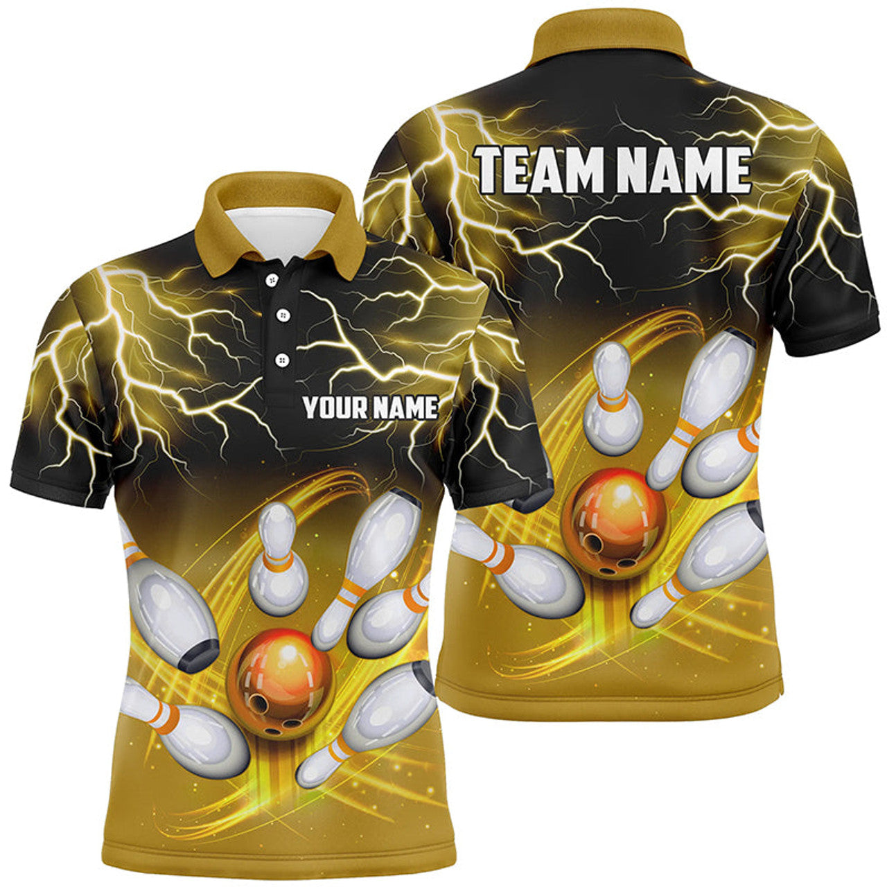 Custom Black Yellow Bowling Lightning Thunder Team Men's Polo Shirt S-5XL