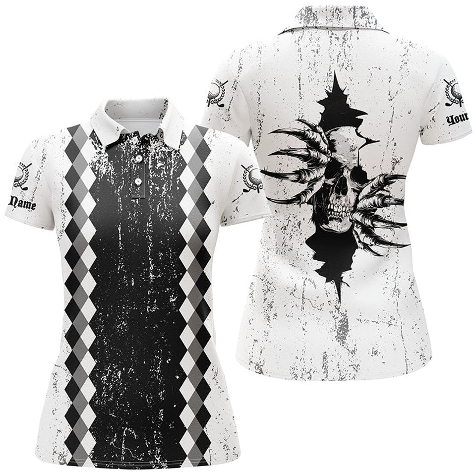 Custom Golf Polo Shirts Grunge Argyle Skull Golf Outfits Women's Polo Shirts S-5XL