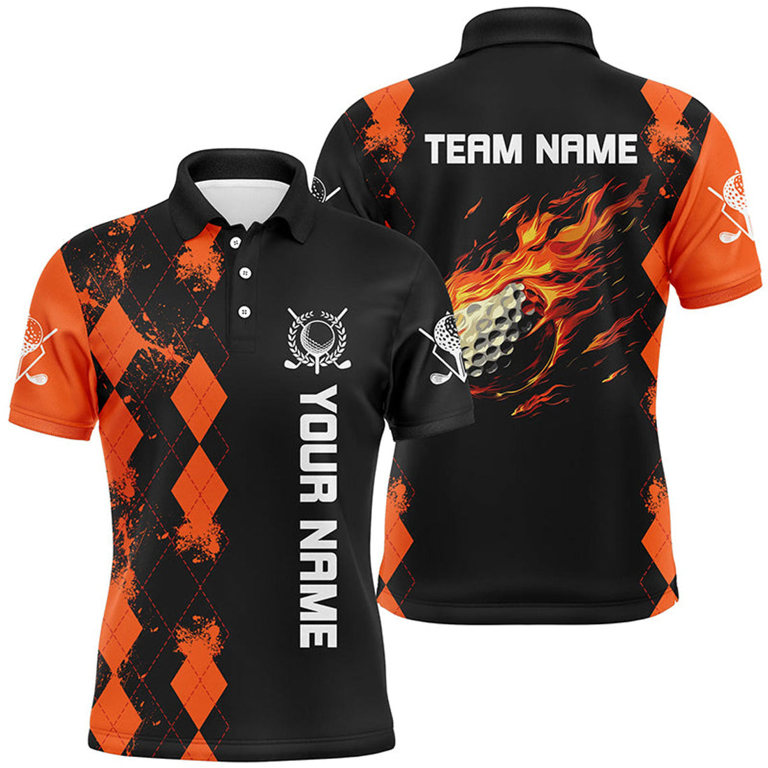 Custom Black Orange Argyle Flame Golf Ball Golf Tops Men's Polo Shirt S-5XL