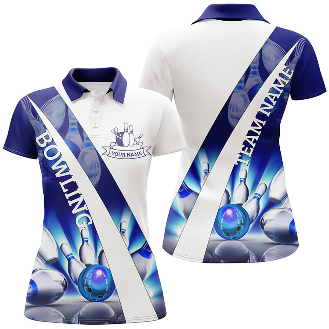 Custom White and Blue Bowling Team Shirt with Ball and Pins Women's Polo Shirts S-5XL
