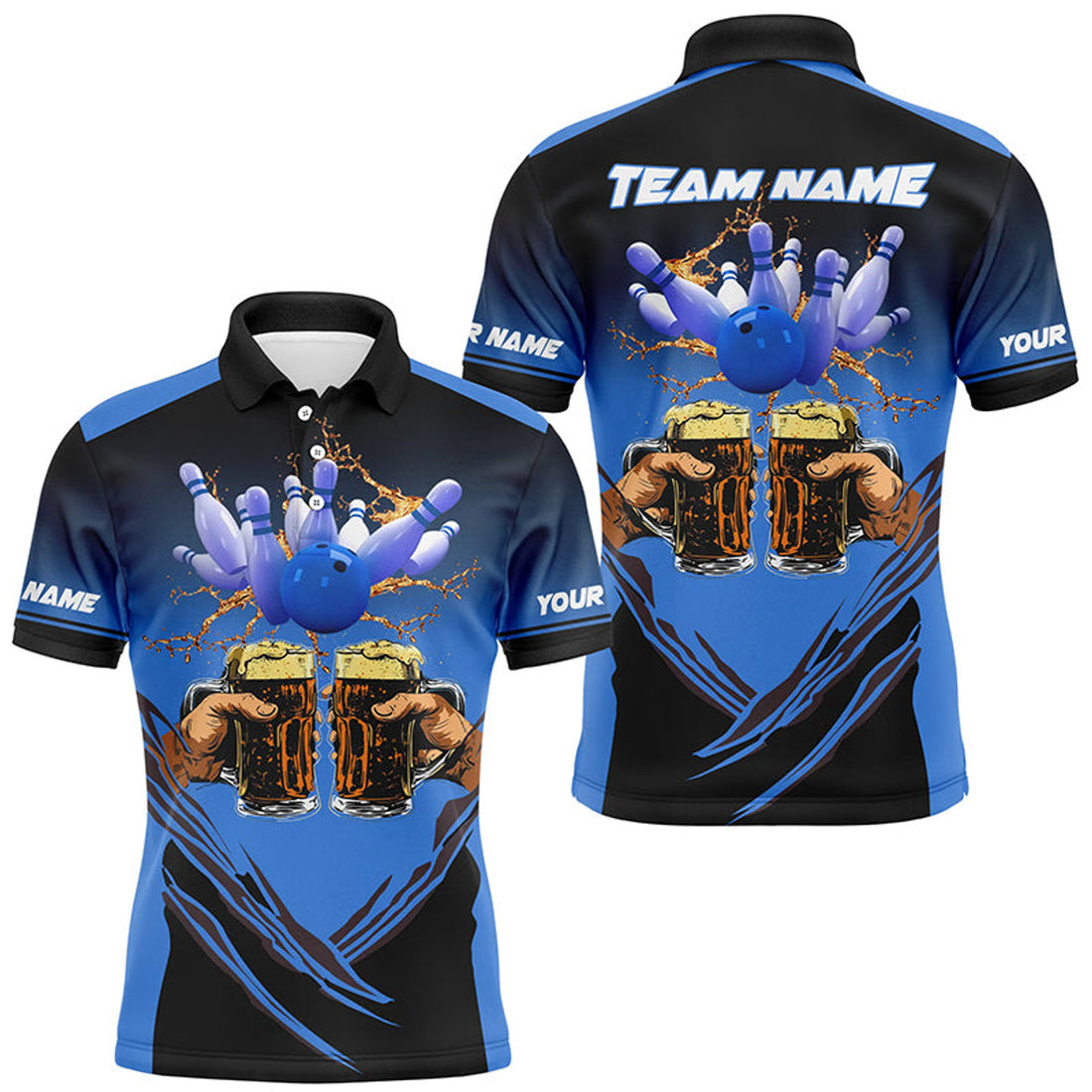 Black and Blue Bowling Beer Print Men's Polo Shirt S-5XL