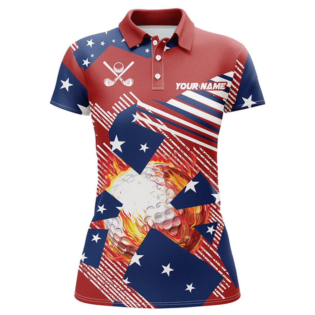 Custom Red White And Blue American Flag Flame Golf Ball Women's Polo Shirts S-5XL