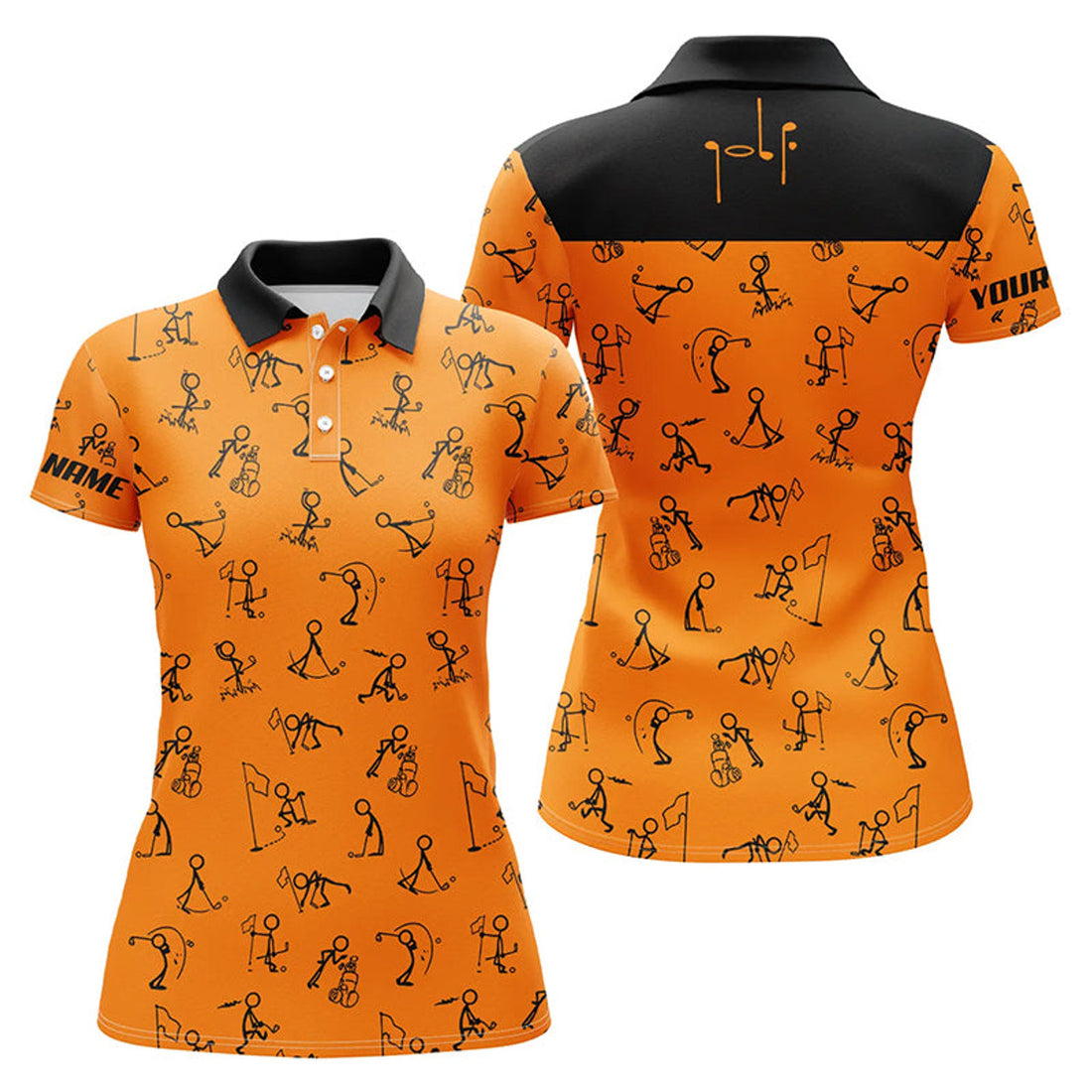 Custom Funny Golf Pattern Polo Shirt for Black Orange Women's Polo Shirts S-5XL