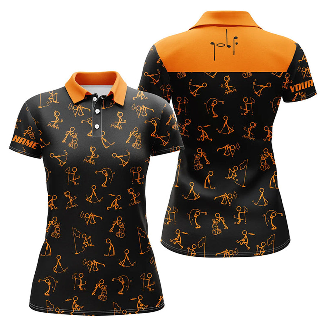 Custom Golf Funny Golf Pattern Black Orange Golf Outfit Women's Polo Shirts S-5XL