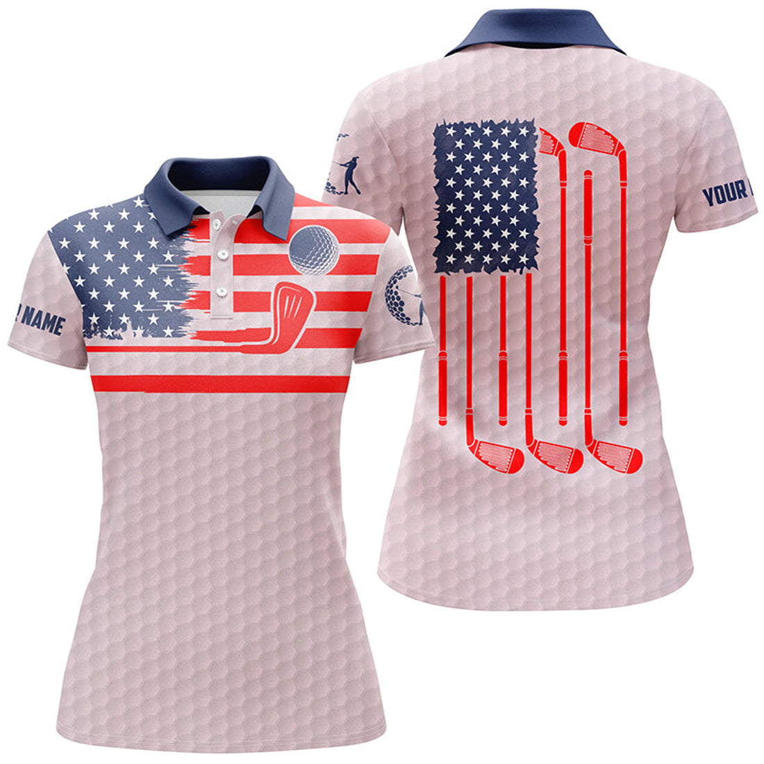 Custom Name Pink American Flag Patriotic Golf Gifts Women's Polo Shirts S-5XL