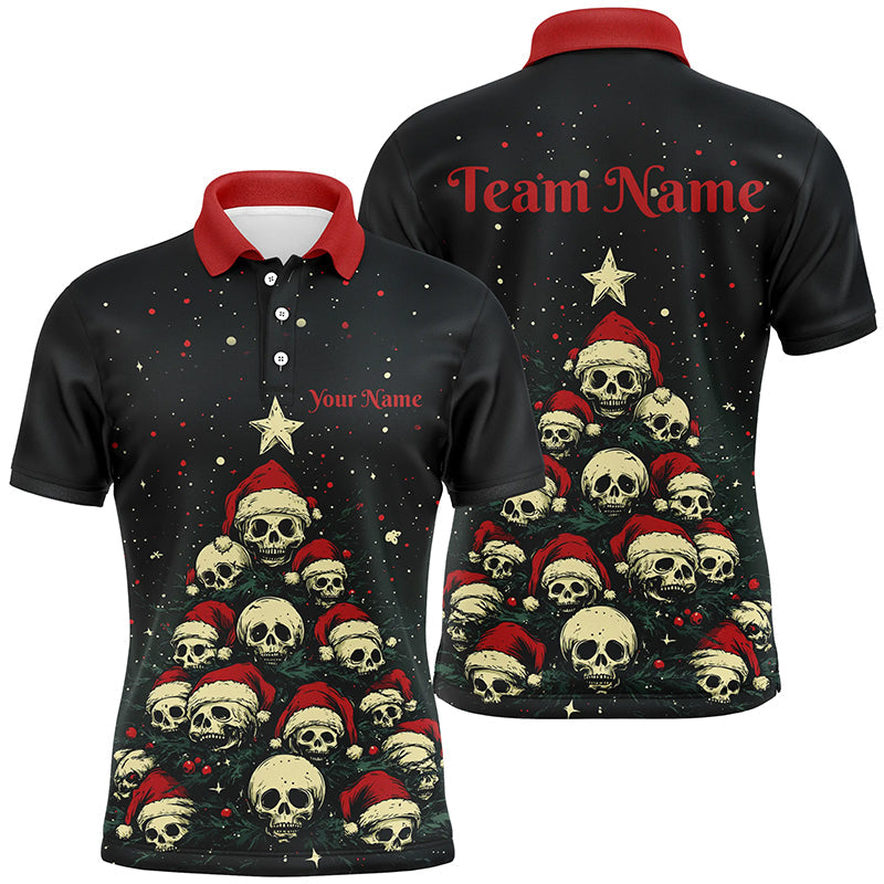Funny Skull Xmas Tree Quarter Zip Team Bowling Mens Polo Shirt S-5XL